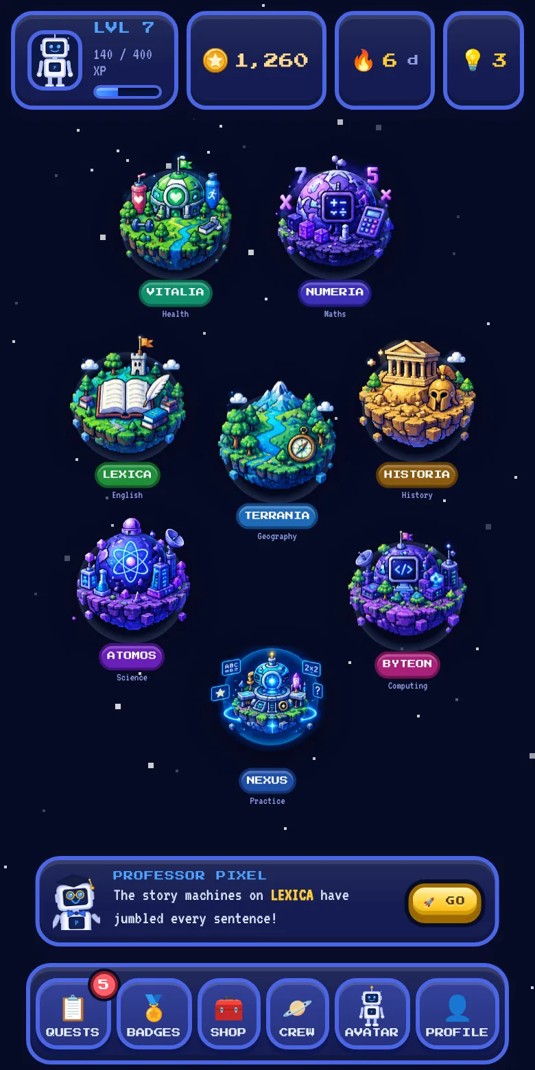 The app's galaxy map: seven subject planets and the Nexus, with Professor Pixel suggesting a planet to visit