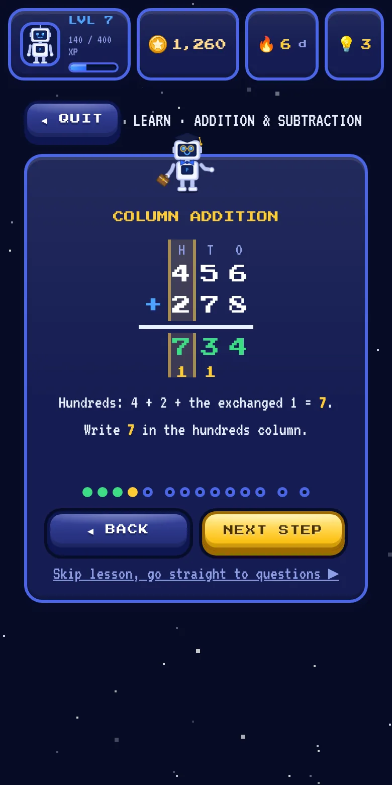 A lesson card working through the column addition 456 + 278, with the exchanged ones shown under the tens and hundreds