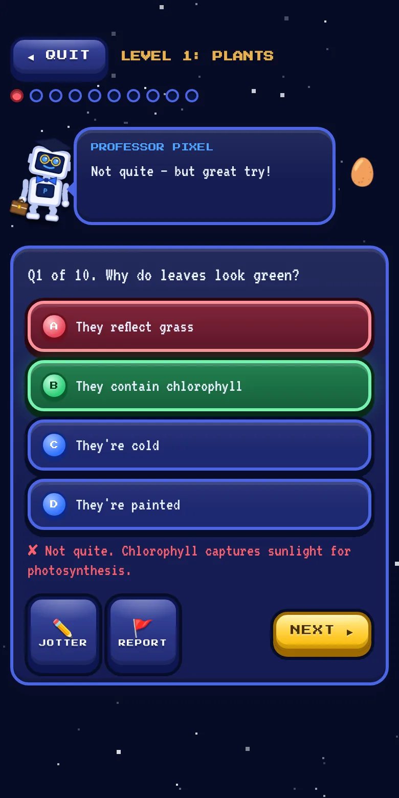 A science question about why leaves look green, answered wrongly, with the right answer highlighted and an explanation underneath