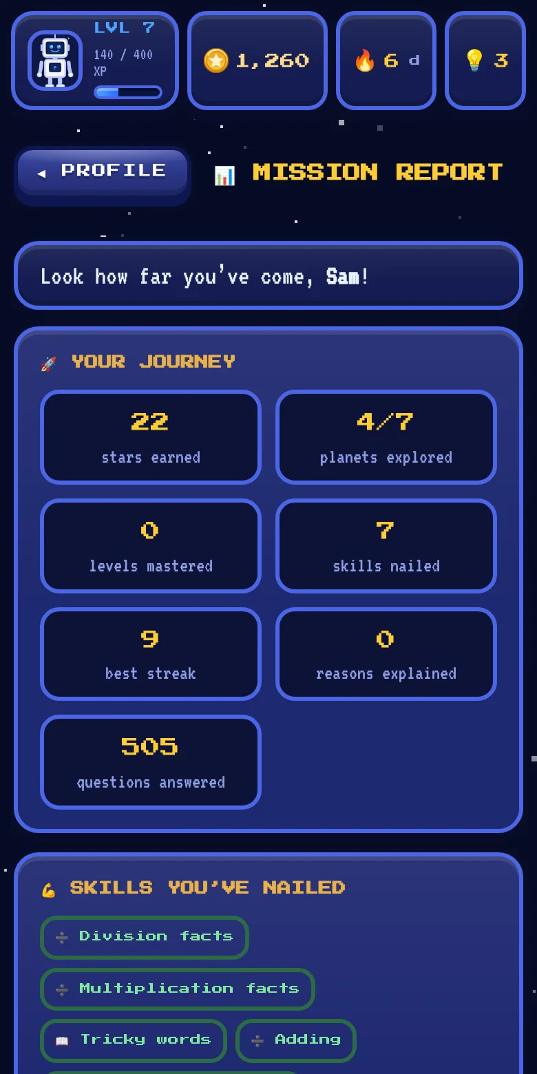 The Mission Report for a child called Sam: stars earned, planets explored, best streak and the skills they've nailed